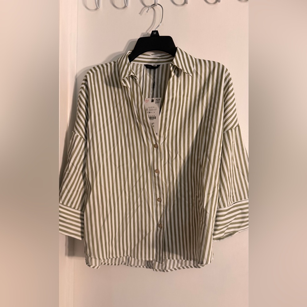 Zara Striped Green and White Shirt NWT - Picture 3 of 6
